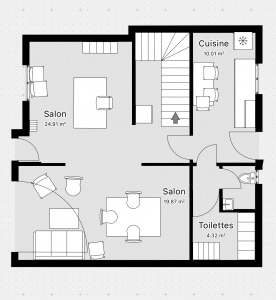 Plan en 2D illustrant l'agencement du rez-de-chaussée d'une maison située à Avignon, comprenant un salon, une cuisine, une salle à manger et un sanitaire