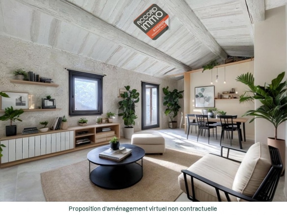 Représentation virtuelle d'un salon et salle à manger dans une maison à rénover située au centre-ville de Barbentane