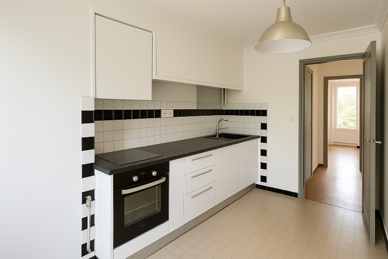 Cuisine aménagée avec meubles blancs, plan de travail sombre et four intégré. La pièce est lumineuse et donne sur un couloir menant aux autres espaces de l’appartement.