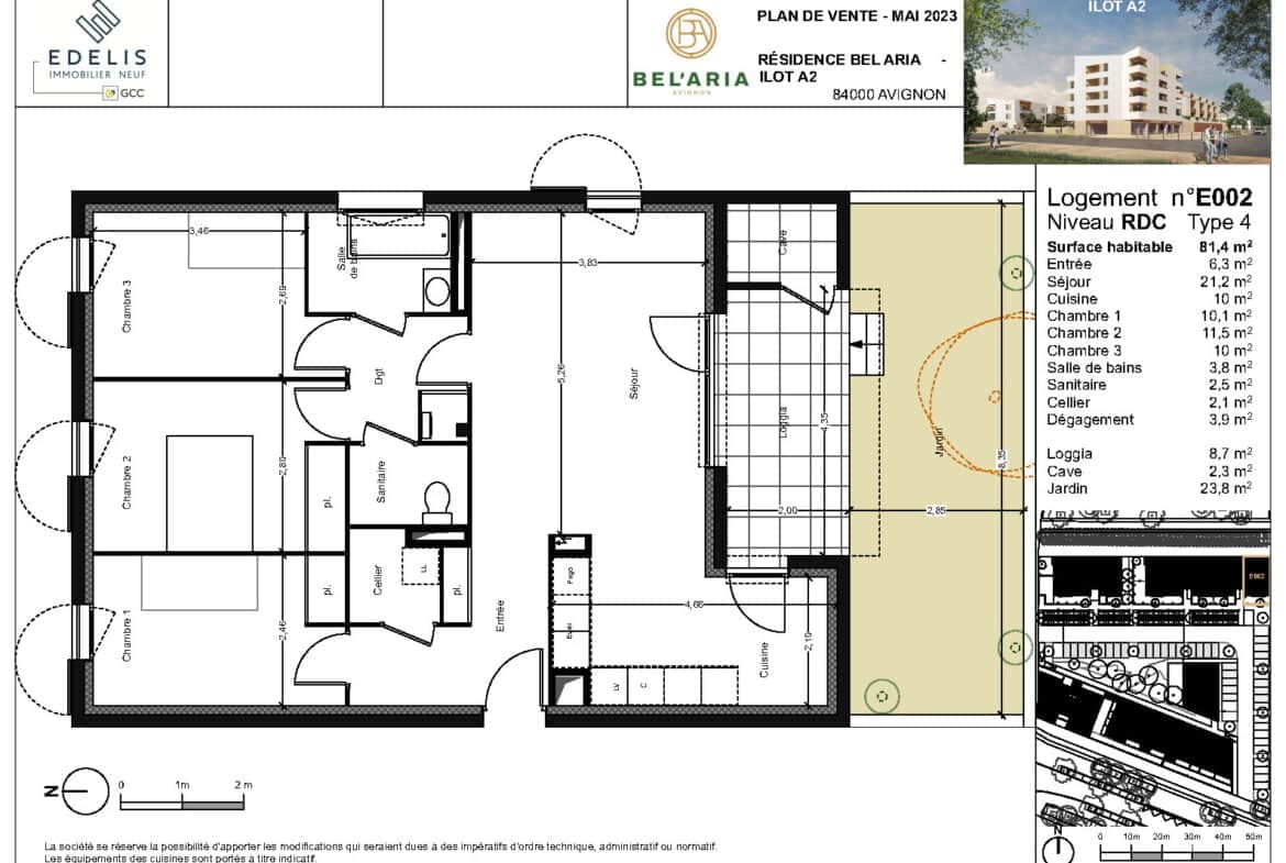 Plan E002 de l'appartement neuf T4 à vendre à Avignon, ceinture verte