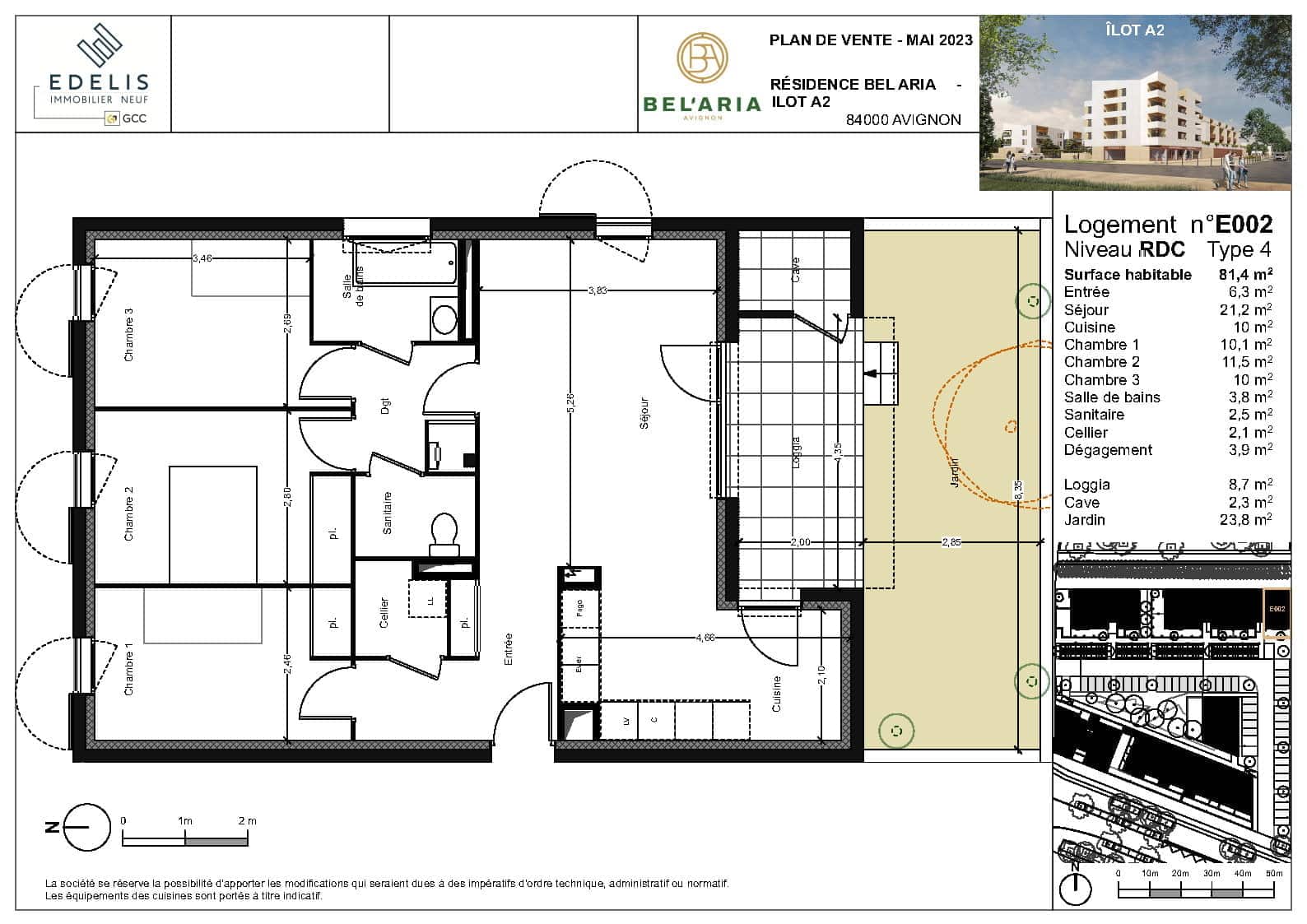 Plan E002 de l'appartement neuf T4 à vendre à Avignon, ceinture verte