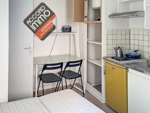 cuisine d'un studio avec evier placard et frigo dans une maison