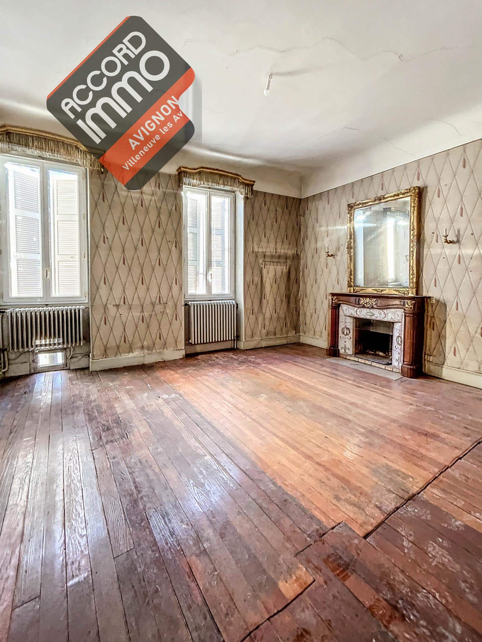 vue du salon avec sa cheminée 1900 dans maison bourgeoise proposé par ACCORD IMMO