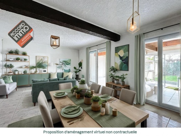 Vue d'une salle à manger remodulé par intelligence artificielle aménagée avec table, chaises et décoration végétale, dans une maison avec jardin en vente au Pontet.