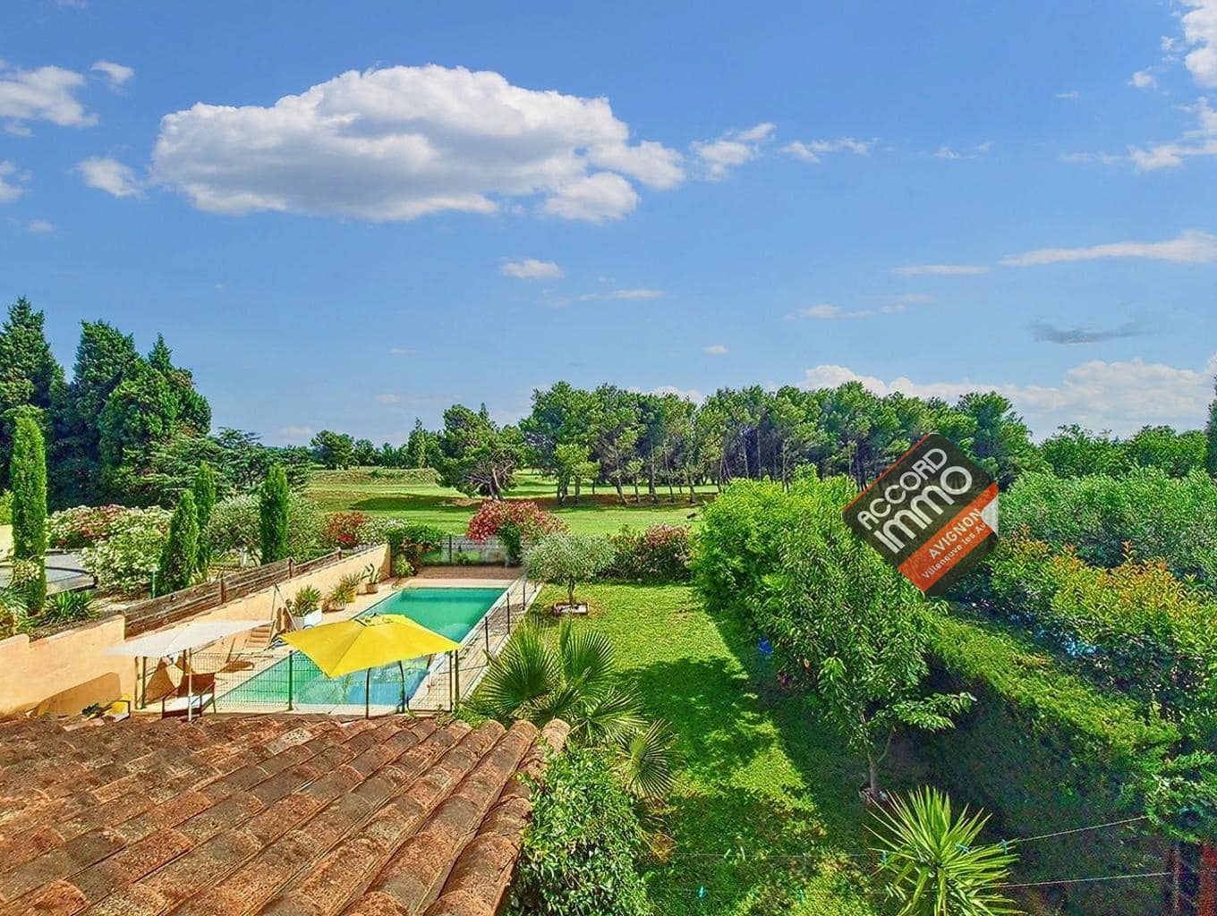 Vue aérienne depuis une maison située à Vedène, avec un jardin paysager, une piscine sécurisée et un accès proche du golf disponible à la vente