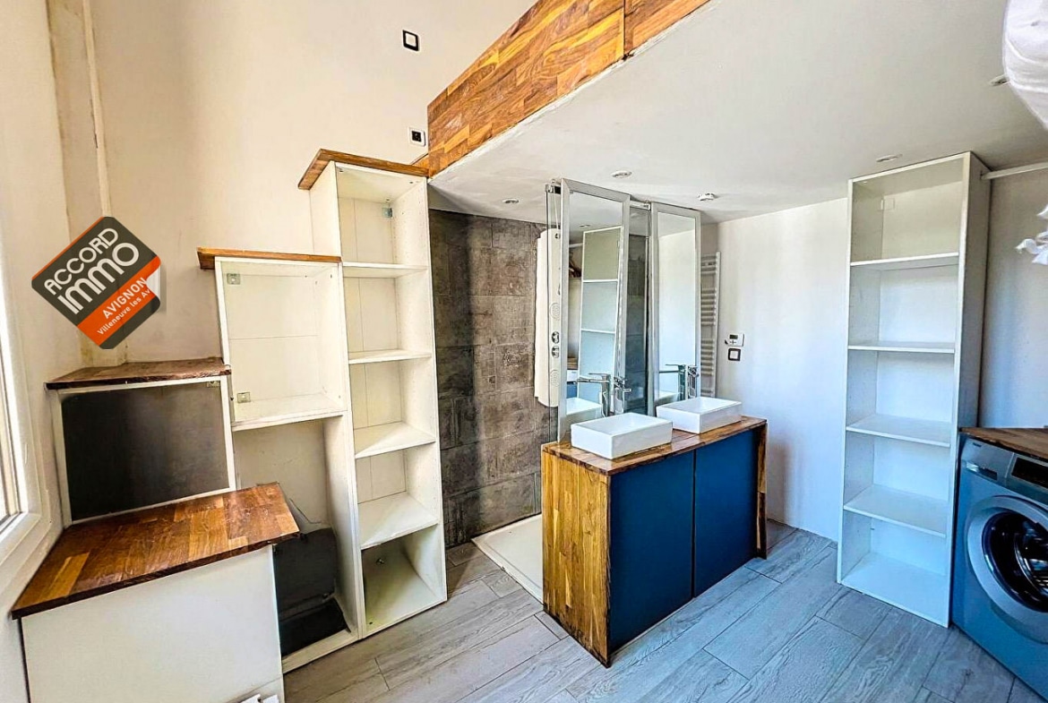 Vue d'une salle de bain avec double vasque, meubles en bois, douche moderne et rangements intégrés, située dans une maison T2 à Avignon proche des remparts.
