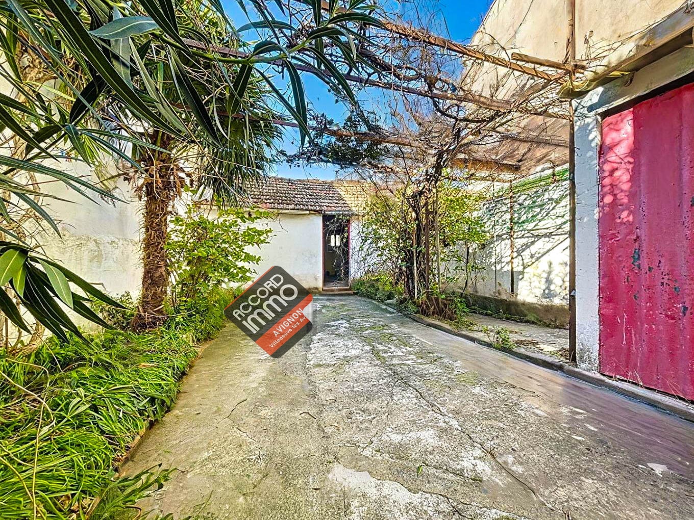 Allée pavée bordée de végétation menant à l'entrée d'une maison située à Avignon, secteur extramuros