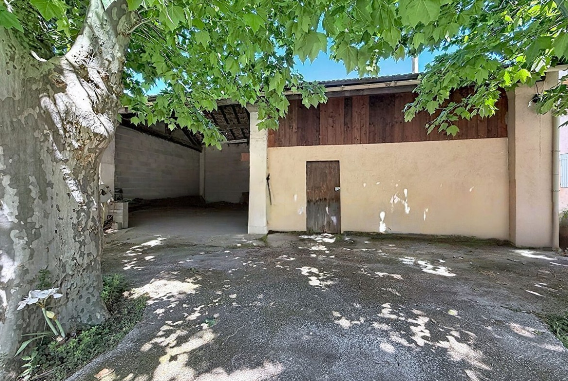 Cour extérieure avec sol en béton et grand platane au tronc marbré. Bâtiment de dépendance avec façade jaune ocre, porte en bois et bardage en bois foncé en partie haute.