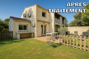 Façade maison jardin net amélioration photo IA Accord Immo Avignon