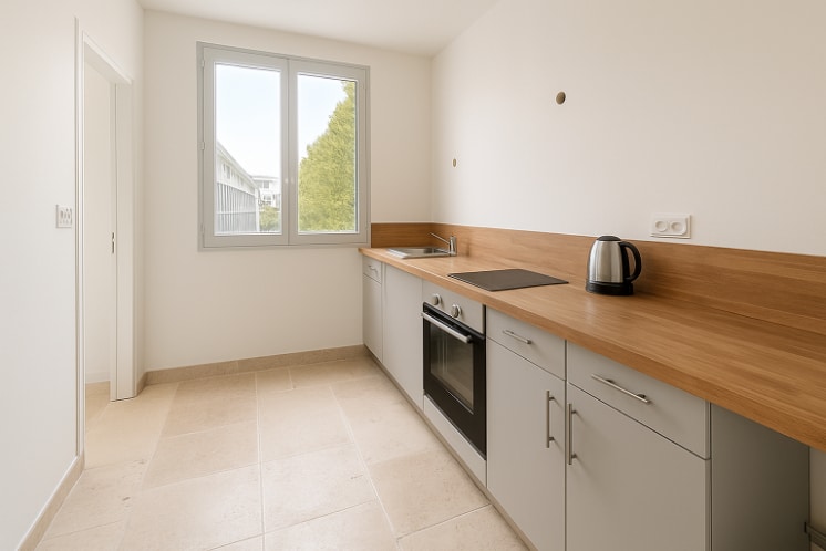 Cuisine fonctionnelle avec plan de travail en bois et électroménager moderne à Avignon