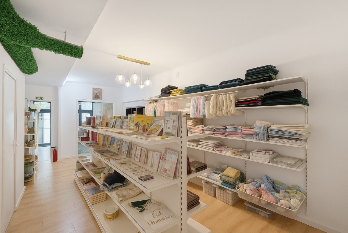 Espace de vente lumineux avec étagères et produits textiles en rez-de-chaussée à Avignon quartier Gambetta