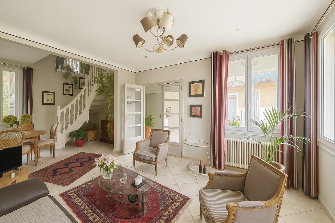 Salon spacieux et lumineux donnant sur la cour d’une maison à vendre à Avignon, quartier de la Préfecture