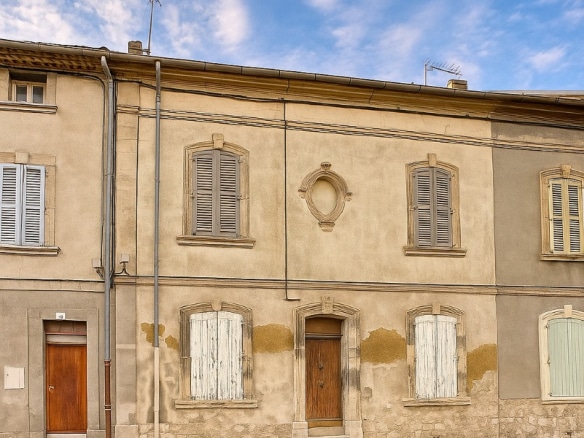 Façade en pierre d’un immeuble ancien avec volets bois dans le quartier Saint-Ruf à Avignon