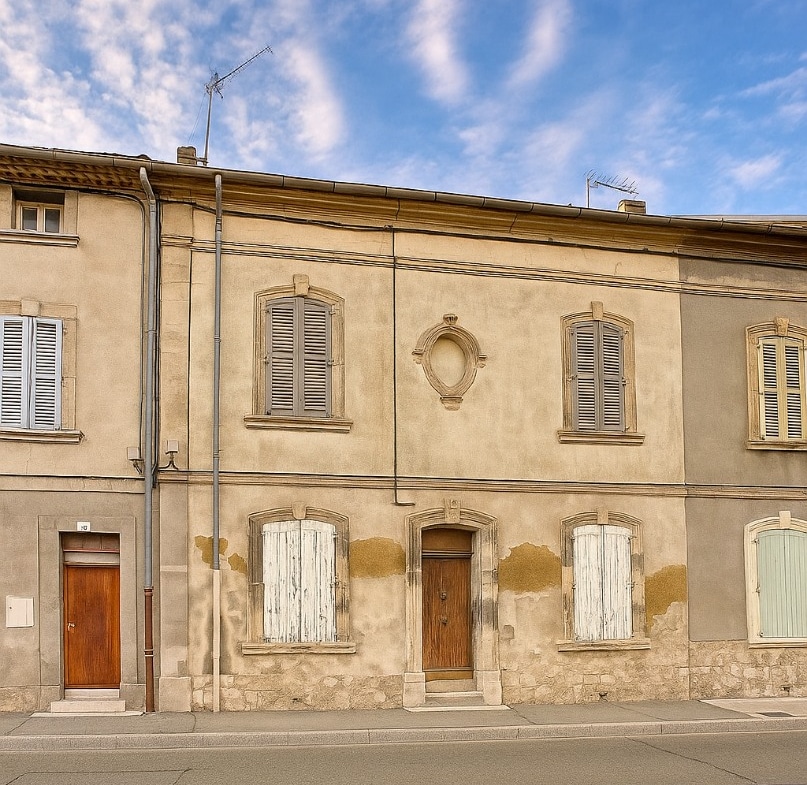 Façade en pierre d’un immeuble ancien avec volets bois dans le quartier Saint-Ruf à Avignon