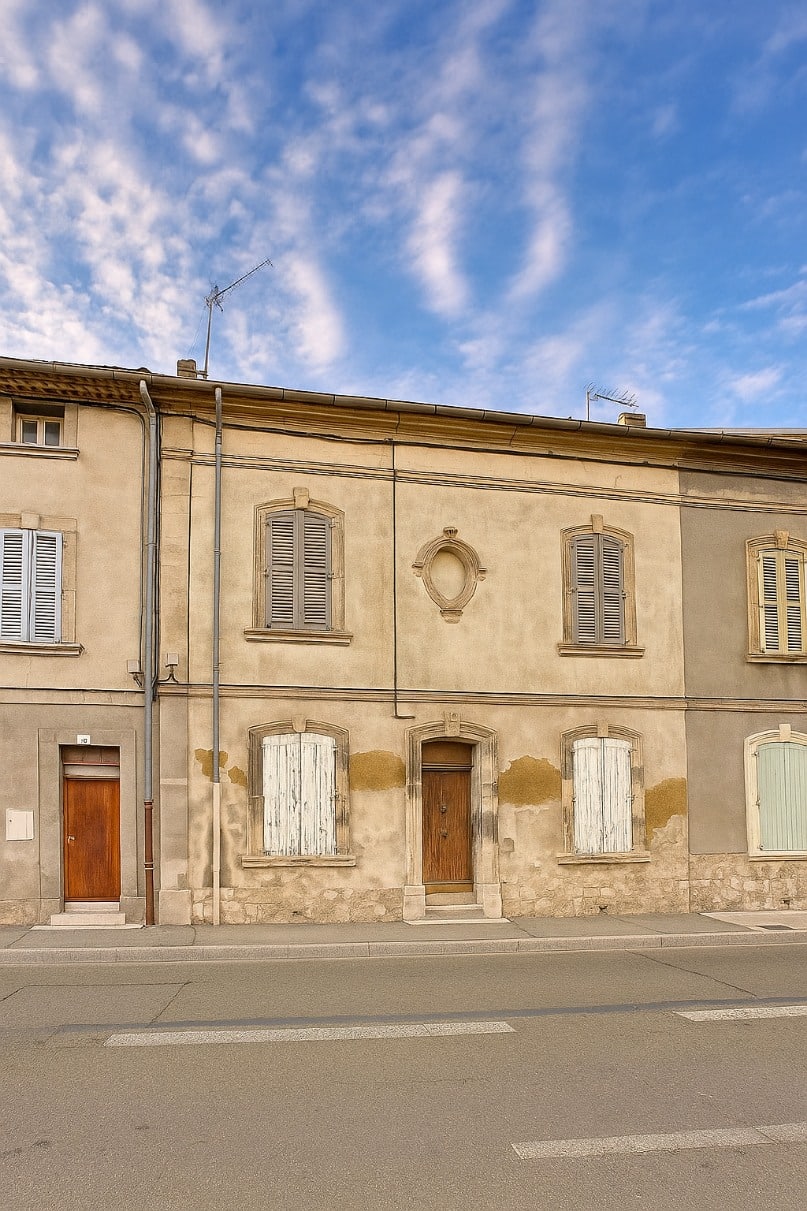 Façade en pierre d’un immeuble ancien avec volets bois dans le quartier Saint-Ruf à Avignon