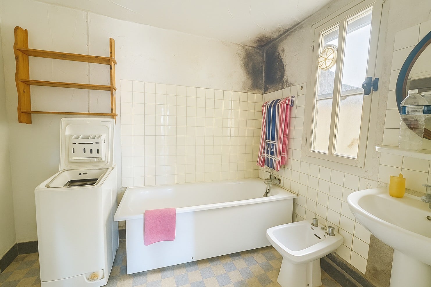 Salle de bain lumineuse avec baignoire, bidet et traces d’humidité à rénover à Avignon