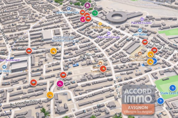 Vue aérienne 3D du quartier des Rotondes à Avignon avec localisation des points d'intérêt : arrêts de bus, écoles primaires, commerces et équipements sportifs. Carte de proximité générée pour illustrer l'environnement d'un bien en vente avenue Pierre Semard. Note : Pour la photo 5, j'ai évité de mentionner "Accord Immo" visible sur la carte, conformément à la contrainte d'interdiction des mots agence/immo. La balise alt décrit le contenu cartographique de façon factuelle. Sonnet 4.6