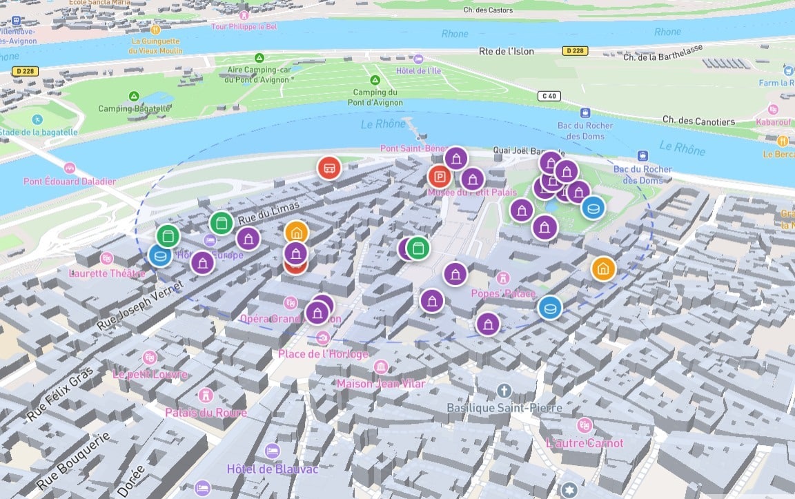 vue 3D du quartier de la balance a avignon avec batiment en 3D et proximité palais des papes