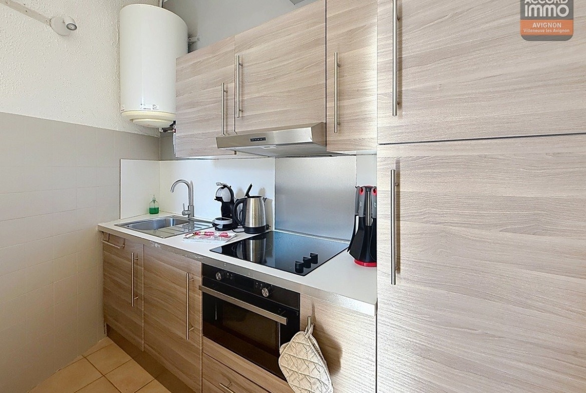 Espace cuisine avec rangements fermés, évier intégré au plan de travail et plaques de cuisson. Finitions contemporaines ou classiques, éclairage ponctuel au-dessus de la zone de préparation.