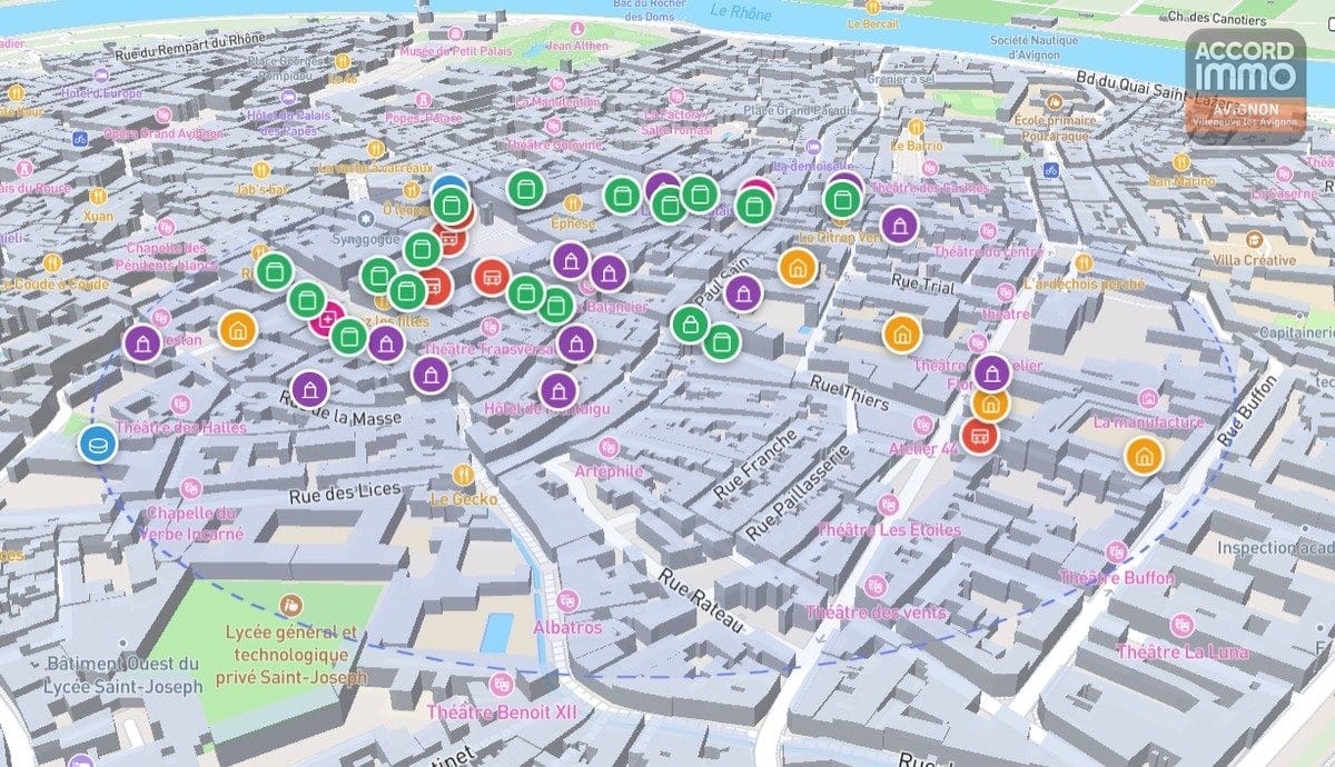 plan des poi de l'hypercentre d'avignon ave ccommerces, bus et boulangerie