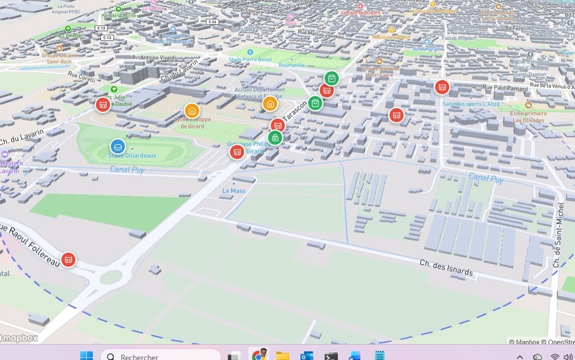 carte 3D du quartier de l'appartement en vente avec visualisation des bus, des écoles dans rayon de 500m