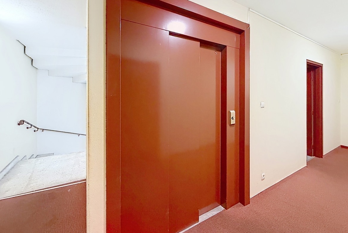 Couloir d'immeuble avec ascenseur aux portes rouge-brun et moquette assortie. Escalier avec rampe métallique visible à gauche, murs blancs et encadrements crème.