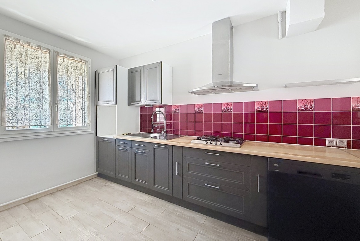 Cuisine linéaire avec façades grises et plan de travail en bois clair. Crédence en carreaux carrés bordeaux et rouge, plaque de cuisson gaz quatre feux, hotte inox murale et lave-vaisselle noir intégré.