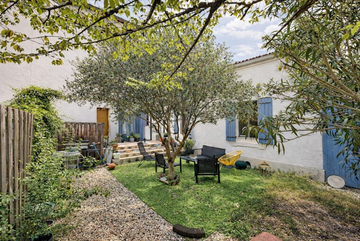 Jardin clos avec olivier mature au centre, pelouse verte et salon de jardin avec fauteuils noirs et chaise jaune. Façade blanche avec volets bleus provençaux, escalier en pierre menant à terrasse et haie végétale en bordure.