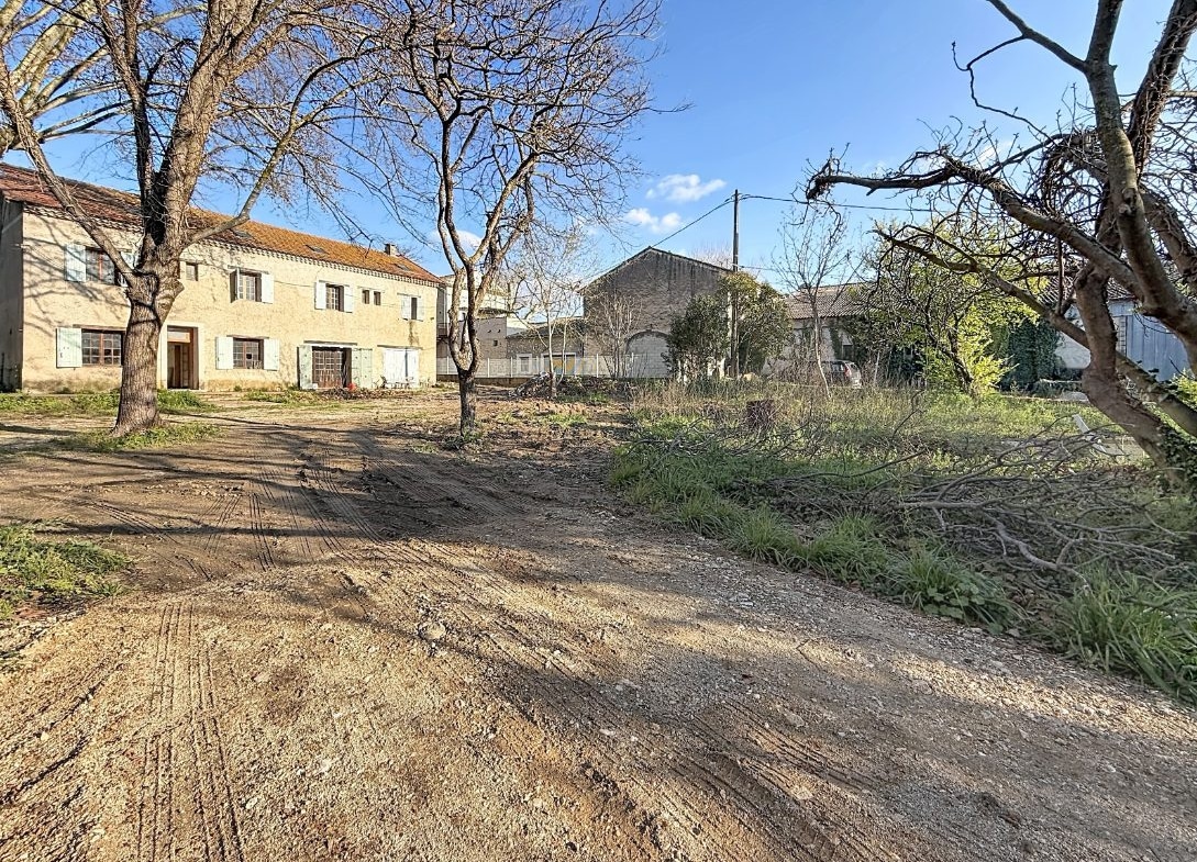 Vaste terrain en terre avec traces de passage de véhicules, bordé de grands arbres caducs sans feuilles et branches coupées au sol. Bâtiment principal en pierre enduite visible en arrière-plan avec dépendances en pierre et hangar, ciel bleu dégagé.