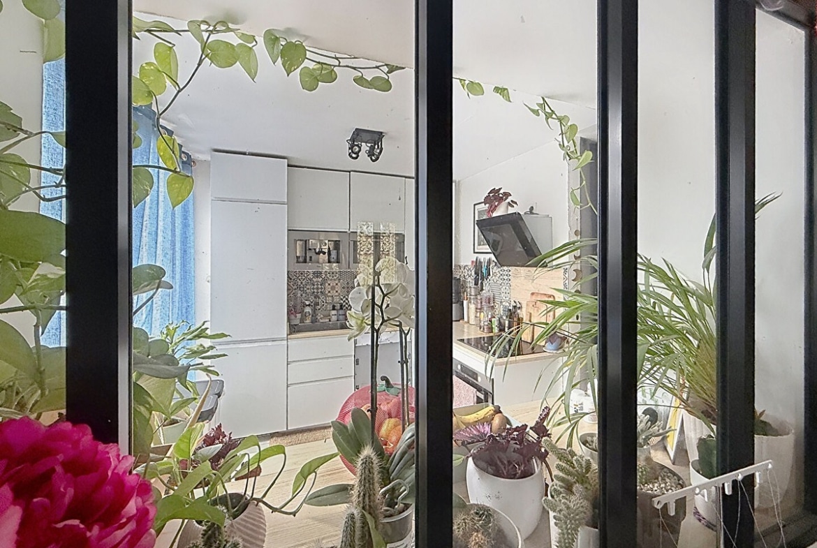 Vue à travers verrière noire style atelier sur cuisine blanche avec meubles hauts et crédence à motifs. Collection de plantes vertes dont cactus, orchidée blanche et plantes grimpantes disposées sur étagère devant la verrière.