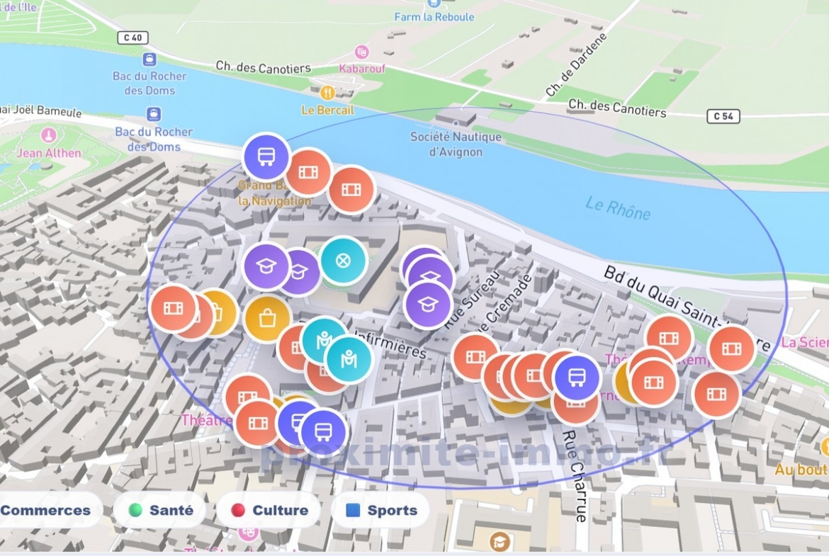 Vue 3D cartographique du quartier des Carmes à Avignon intra-muros, au bord du Rhône. La carte affiche des pictogrammes colorés indiquant les commerces, services de santé, lieux culturels et équipements sportifs à proximité.