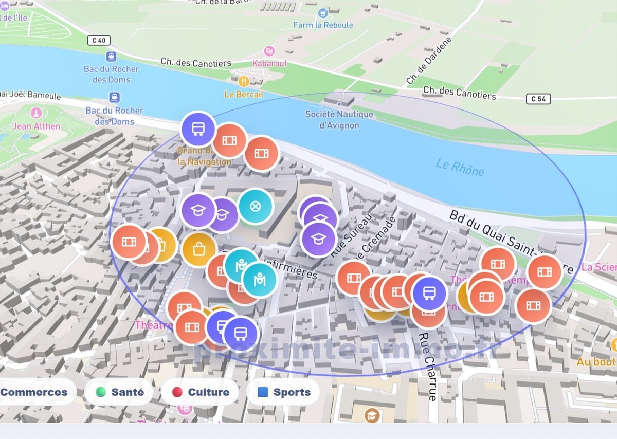 Vue 3D cartographique du quartier des Carmes à Avignon intra-muros, au bord du Rhône. La carte affiche des pictogrammes colorés indiquant les commerces, services de santé, lieux culturels et équipements sportifs à proximité.
