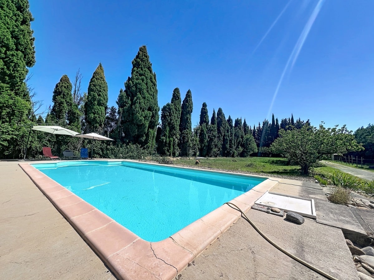 Piscine rectangulaire à margelles en terre cuite entourée d'une plage en béton et de pelouse. Rangée de cyprès en arrière-plan sous un ciel bleu, parasol et transats installés près du bassin aux eaux turquoise.
