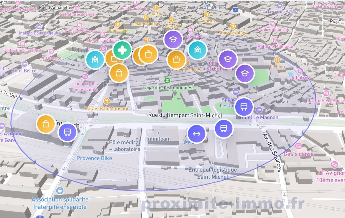 Vue aérienne 3D du quartier intra-muros avec localisation des commerces, transports et services à proximité. Zone située près de la rue du Rempart Saint-Michel, proche du Palais Bab Mansour et du Musée Lapidaire.