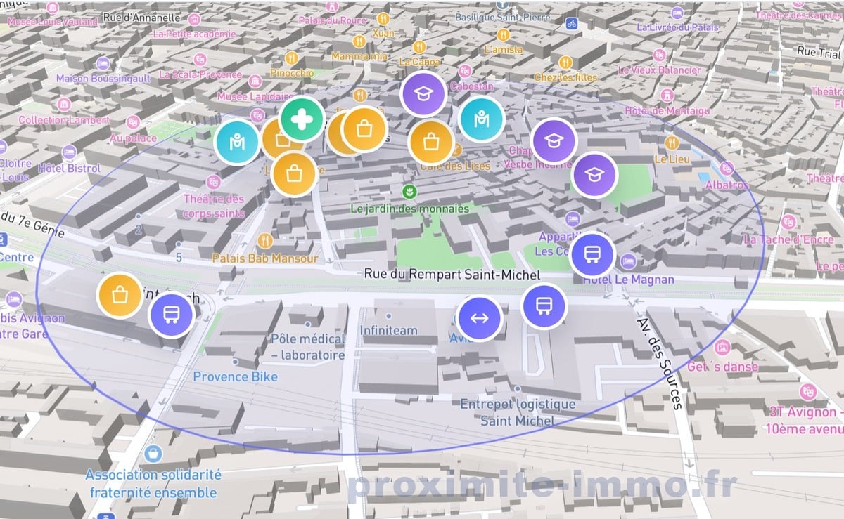 Vue aérienne 3D du quartier intra-muros avec localisation des commerces, transports et services à proximité. Zone située près de la rue du Rempart Saint-Michel, proche du Palais Bab Mansour et du Musée Lapidaire.