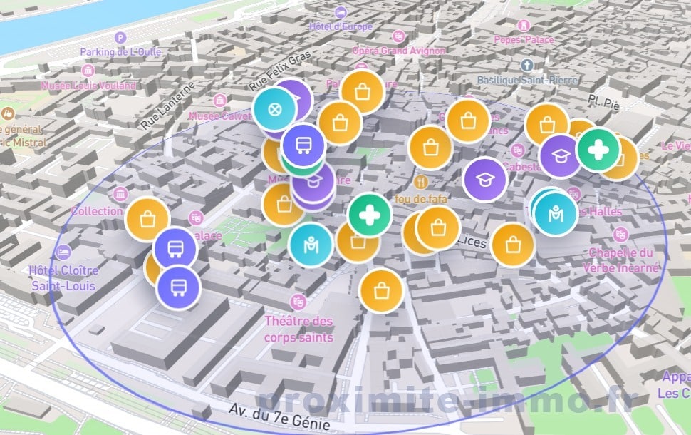 Vue 3D cartographique du centre historique d'Avignon avec marqueurs de commerces, transports et services. Le cercle bleu délimite la zone intra-muros entre l'Opéra Grand Avignon, les Halles et la Basilique Saint-Pierre.