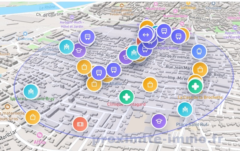 Vue 3D d'un plan de quartier montrant la localisation du bien dans le secteur Chamfleury à Avignon. Des icônes indiquent les commerces, transports, établissements de santé et écoles à proximité.