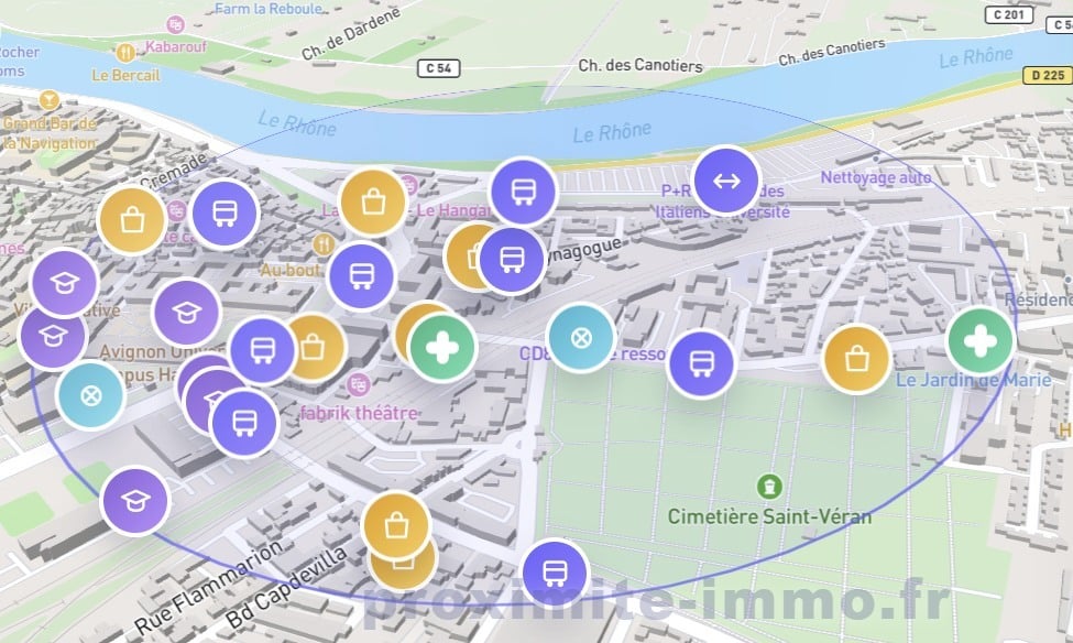 Carte interactive du secteur Saint-Lazare à Avignon montrant les commerces, transports et services de proximité. Vue aérienne avec le Rhône au nord et les équipements universitaires environnants.