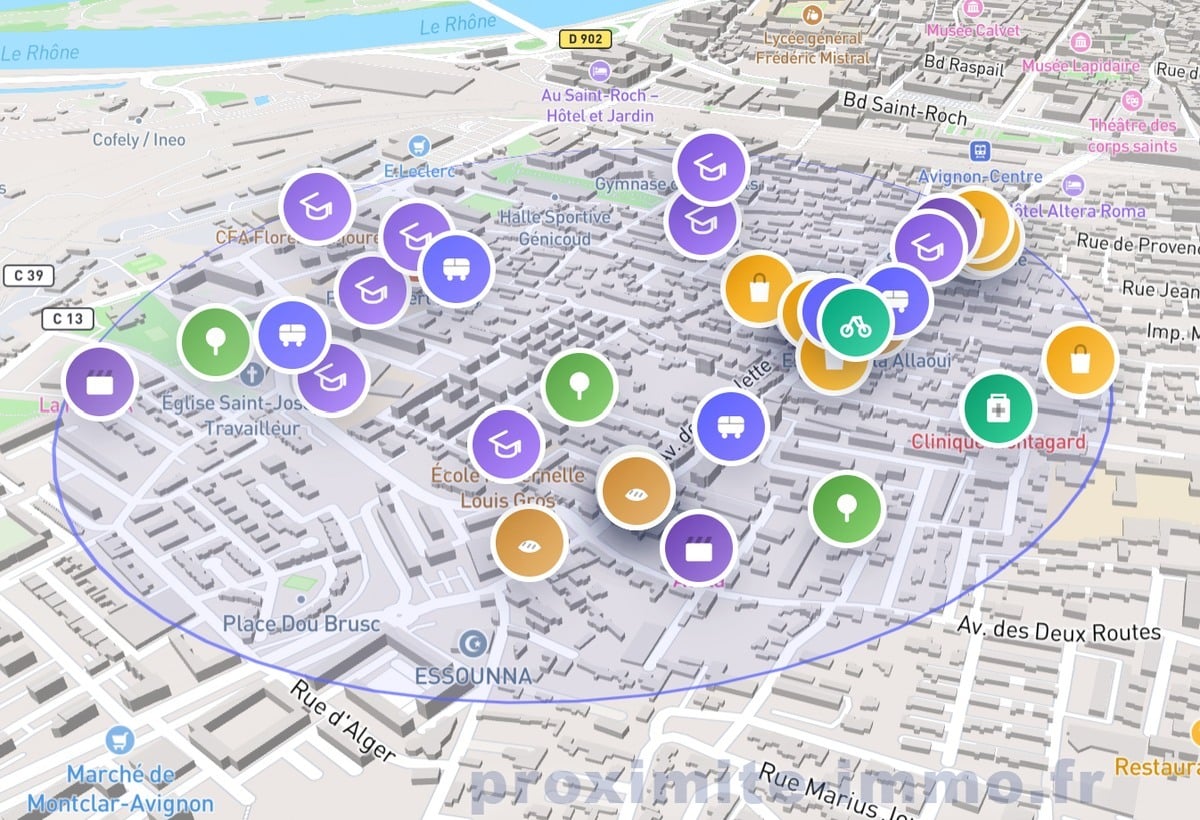 Carte de proximité en vue 3D du quartier Champfleury à Avignon, avec des marqueurs de couleur indiquant les commerces, établissements scolaires, arrêts de transports en commun et services de santé à proximité. Le périmètre de recherche est délimité par un cercle bleu centré sur le bien.