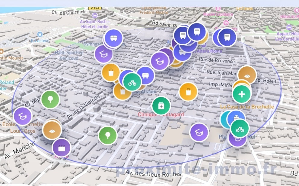 Carte 3D du quartier Champfleury à Avignon avec périmètre de proximité mis en évidence, localisant les équipements à proximité dont transports en commun, commerces, écoles et établissements de santé. Les pictogrammes colorés indiquent la Clinique Montagard, plusieurs arrêts de bus, une boulangerie et des stations de vélos en libre-service.
