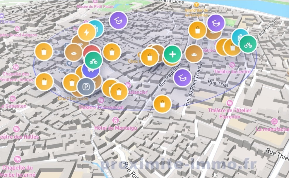 Vue aérienne en trois dimensions du centre historique d'Avignon avec localisation des commerces, services et équipements à proximité du bien. Les points d'intérêt sont représentés par des icônes colorées indiquant boulangeries, pharmacies, parkings et stations vélo.