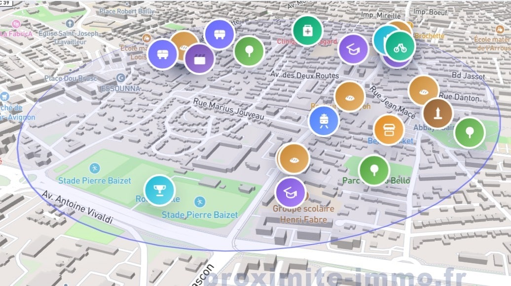 Vue aérienne 3D du quartier Saint-Ruf extramuros d'Avignon avec un cercle de proximité délimitant les commerces, écoles et transports environnants. La carte interactive issue de proximite-immo.fr affiche des pictogrammes colorés indiquant la présence d'une clinique, d'un groupe scolaire Henri Fabre, du Stade Pierre Baizet et de plusieurs services de proximité.