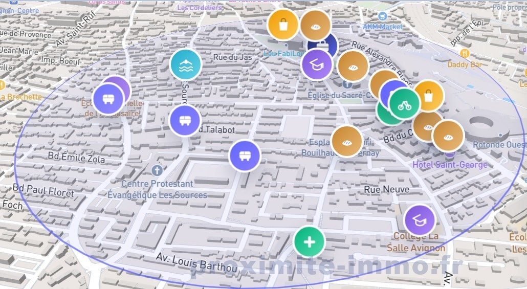 Vue aérienne 3D du quartier d'Avignon extra muros avec localisation des commerces, transports en commun, écoles et pistes cyclables à proximité du bien. La carte issue du site proximite-immo.fr indique une concentration de services dans un rayon délimité par un cercle bleu autour du bien.