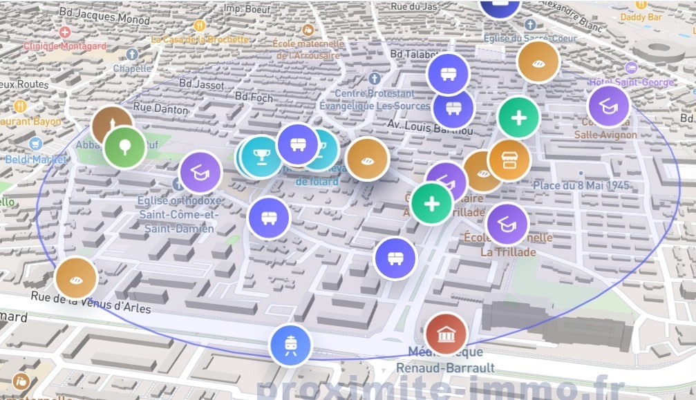 Carte 3D interactive du quartier des Sources à Avignon montrant la localisation du bien au centre d'un cercle de proximité, avec pictogrammes indiquant les commerces, écoles, arrêts de transports en commun, boulangeries et équipements de santé à proximité. Voies principales identifiées dont le Boulevard Foch et l'Avenue Louis Barthou.
