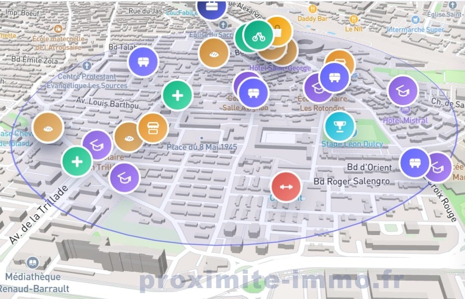 Carte interactive de proximité centrée sur le quartier des Rotondes à Avignon, affichant un rayon délimité par un cercle bleu. Les icônes colorées indiquent la présence de commerces, transports en commun, établissements scolaires, équipements sportifs et services de santé à proximité immédiate du bien.