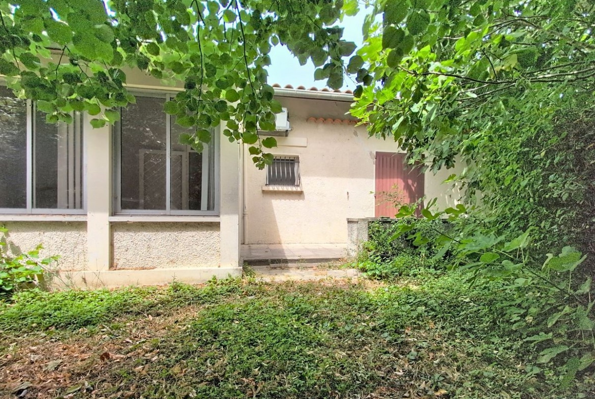Façade en enduit blanc d'une maison de plain-pied avec toiture en tuiles rondes, grande baie vitrée aluminium et une petite fenêtre avec grilles métalliques grises. Le jardin en façade est envahi de végétation basse et d'arbres à feuilles caduques qui encadrent entièrement la maison.