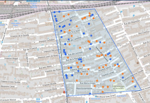 plan de sittation quartier arrousaire a avignon avec quartier de selection multipoint de la zone et point de vente de maison en orange et point bleu pour appartement 