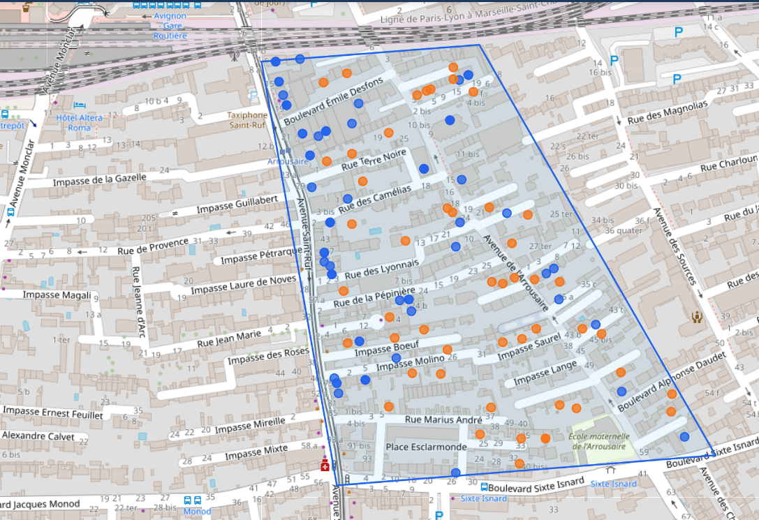 Zone d'analyse dessinée à main levée sur le quartier de l'Arrousaire à Avignon