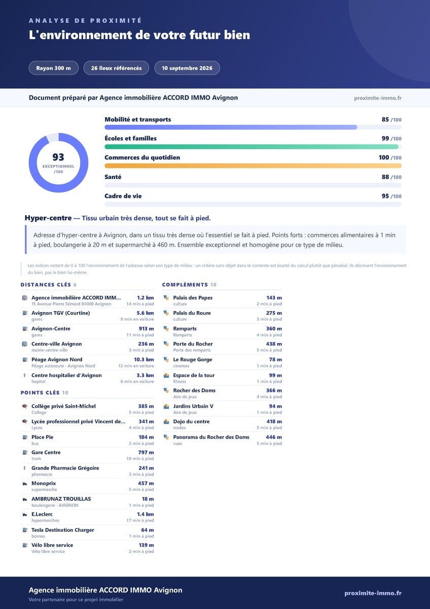 Document d'analyse de proximité sur fond blanc présentant un score global de 93 sur 100 qualifié d'exceptionnel, avec des indicateurs détaillés : mobilité et transports 85, écoles et familles 99, commerces du quotidien 100, santé 88, cadre de vie 95. Tableau listant les distances aux équipements clés dont le Palais des Papes à 143 mètres, une boulangerie à 18 mètres et la gare centre à 797 mètres.