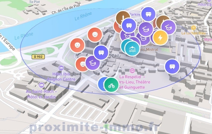 Vue aérienne 3D d'Avignon avec des marqueurs de points d'intérêt colorés indiquant les transports, commerces et écoles dans un rayon de 300 mètres. La carte affiche le Rhône au nord, le boulevard Raspail et plusieurs hôtels à proximité du bien situé rue de la Velouterie.
